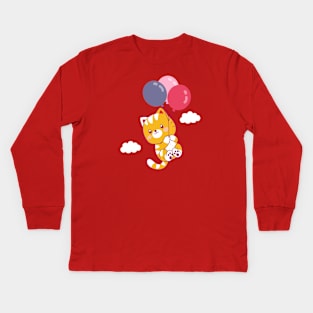 Cute Flying Cat With Balloons Kids Long Sleeve T-Shirt